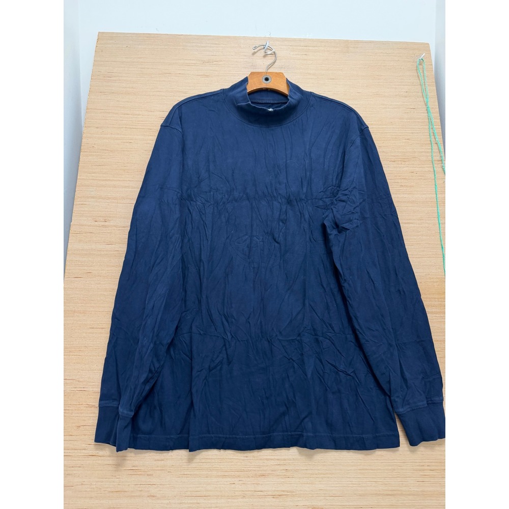 Lands End Super-T Mens Large Navy Blue Mock Neck Long Sleeve Cotton Shirt 7324